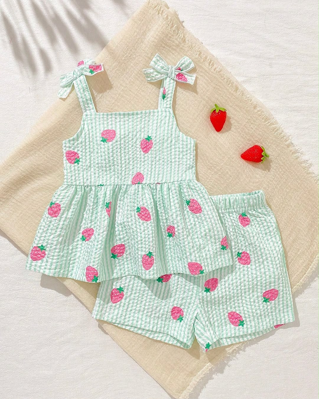 Baby Girls Strawberries Pattern Light Green Camisole Top & Shorts Set | 3M - 3Y