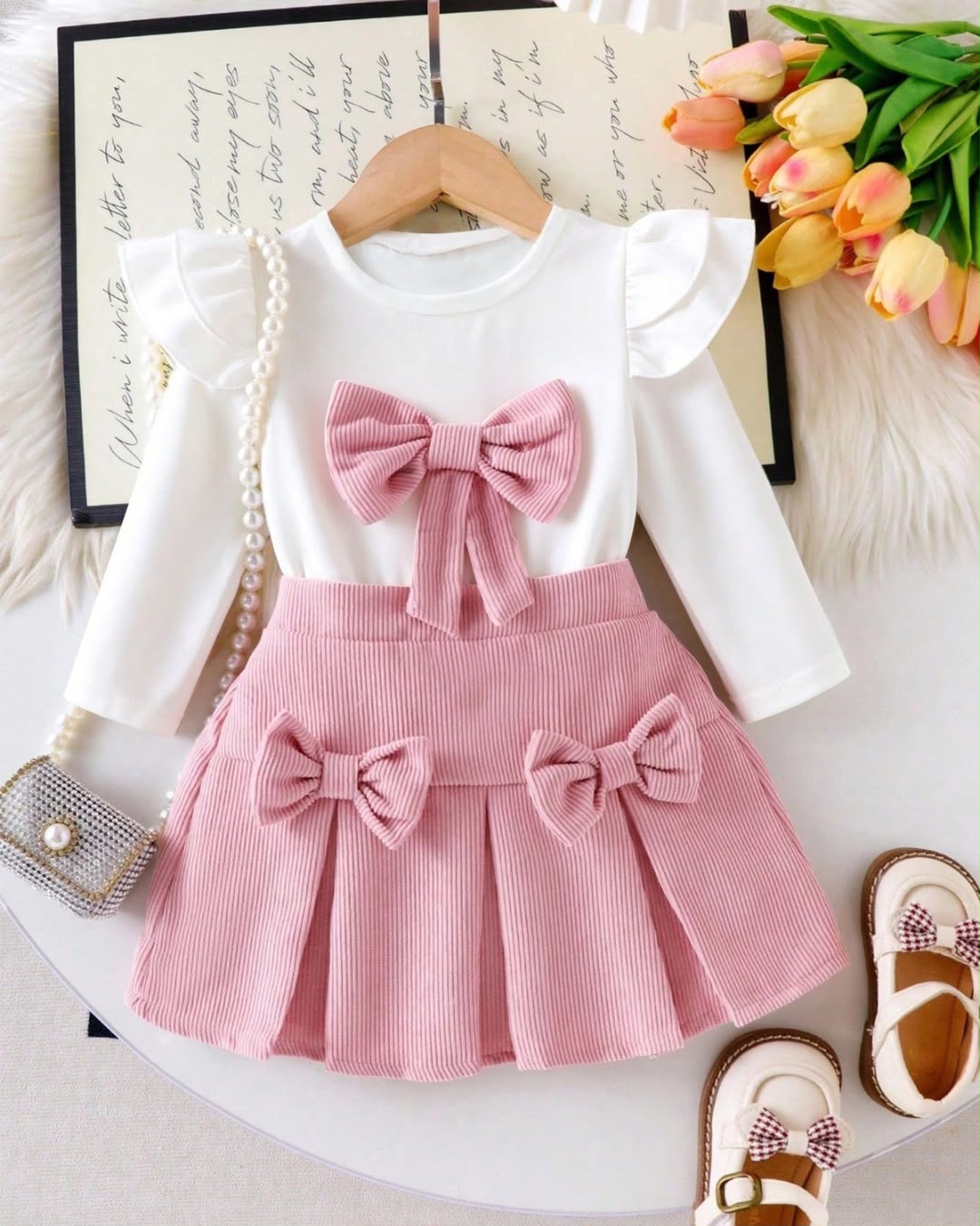 Baby Girls Handmade Bow Decor Round Neck Long Sleeve & Skirt Set | 6M - 3Y