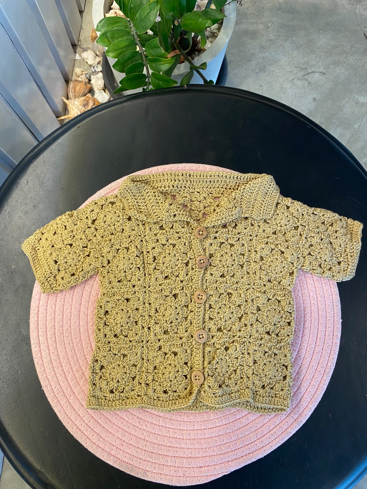 Baby Boys Crocheted Short Sleeve Button Up Shirt | 3 - 6M
