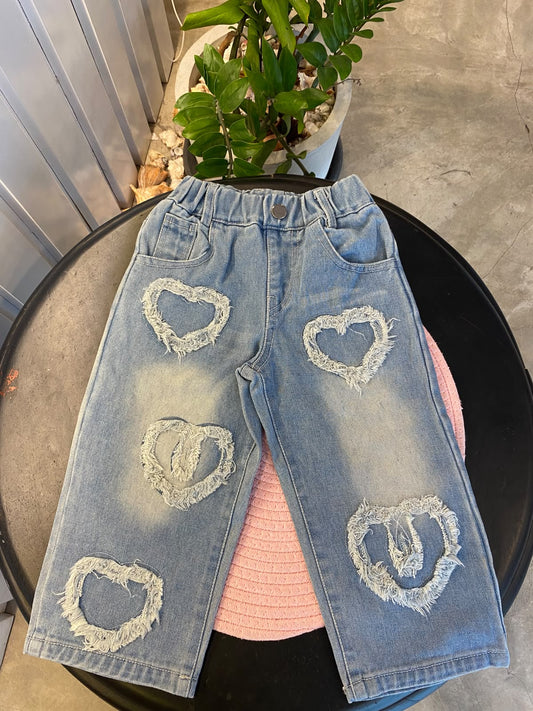 Baby Girls Blue Washed Frayed Heart Shaped Distressed Denim | 1 - 2Y