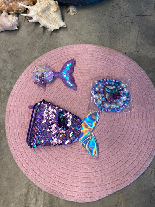 BB Sequin Mermaid Tail Coin bag, Beaded Accessories & Hair Clip Set