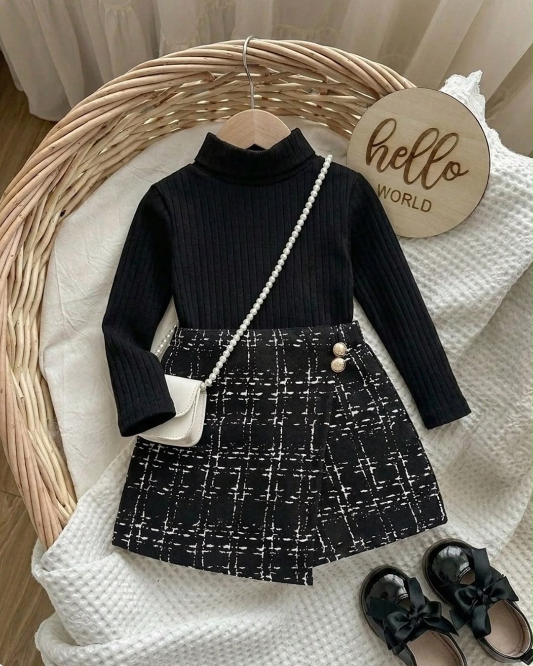 Baby Girls Black High Neck Long Sleeve Top & Plaid Asymmetrical Skort Set | 6M - 3Y