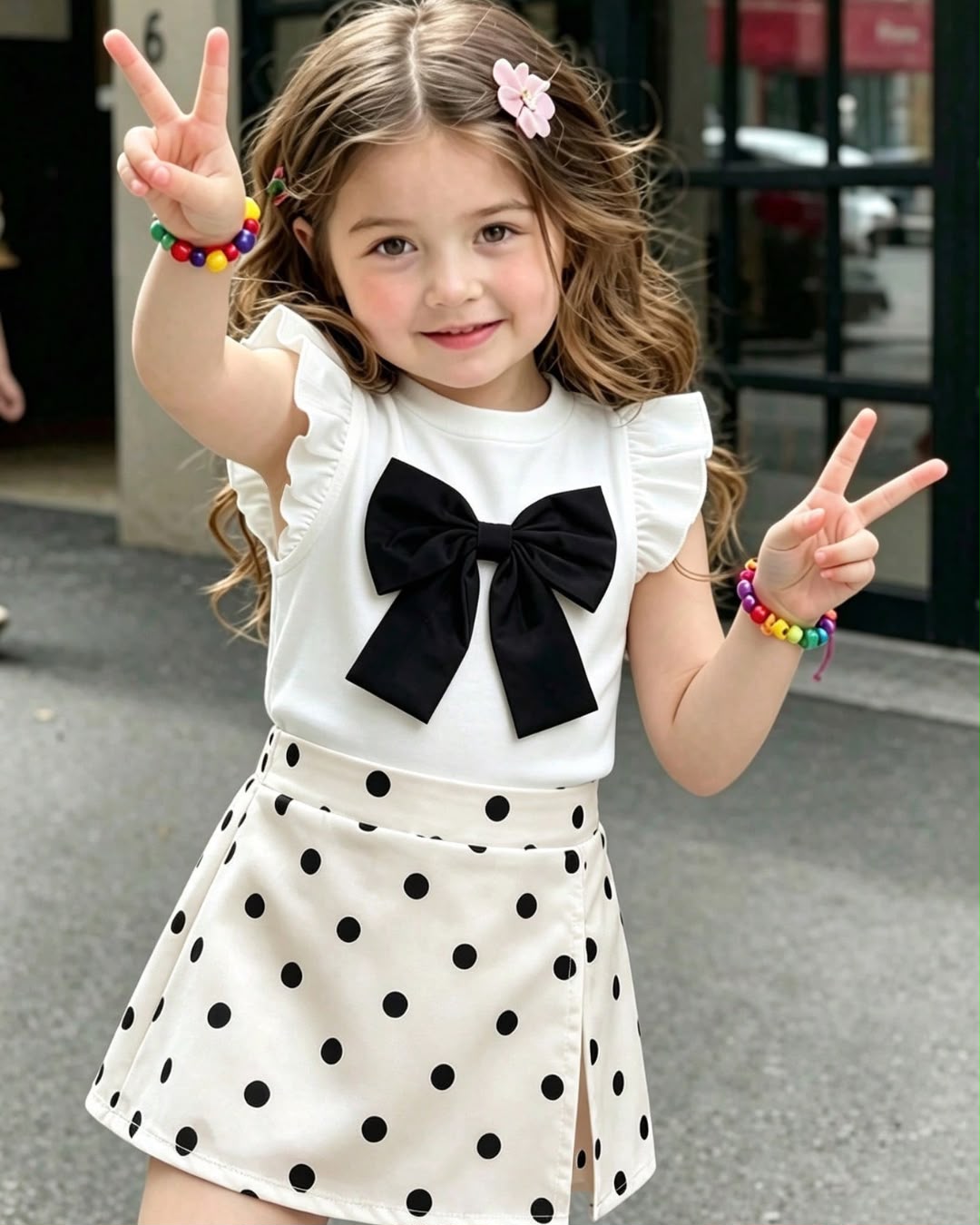 Baby Girls Bow Decor Flutter Sleeve Round Neck White Top & Polka Dot Print Split Hem Skirt Set | 6M - 3Y