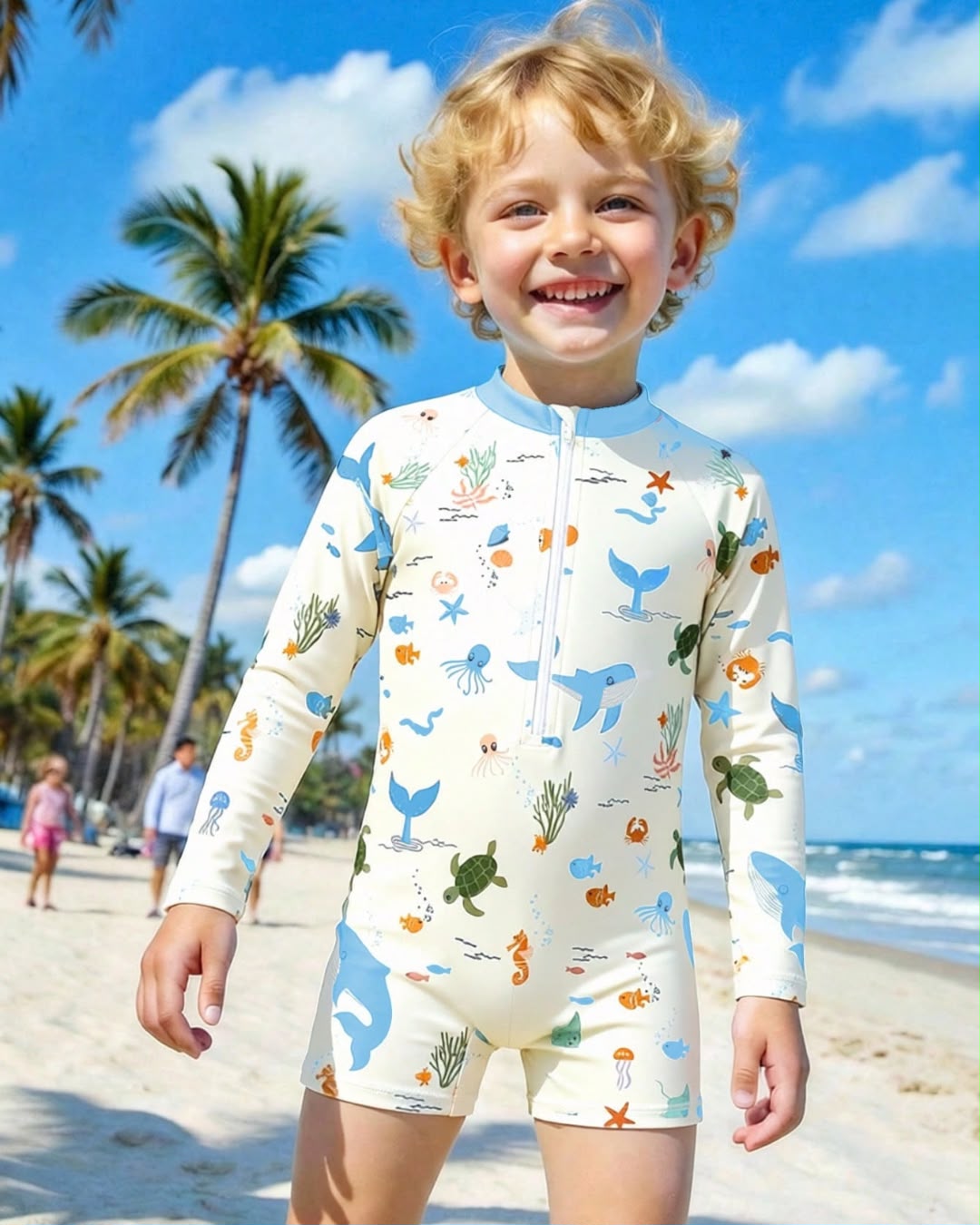 Young Boys Ocean Creatures Printed Long Sleeve One-Piece Swimsuit | 4Y - 7Y