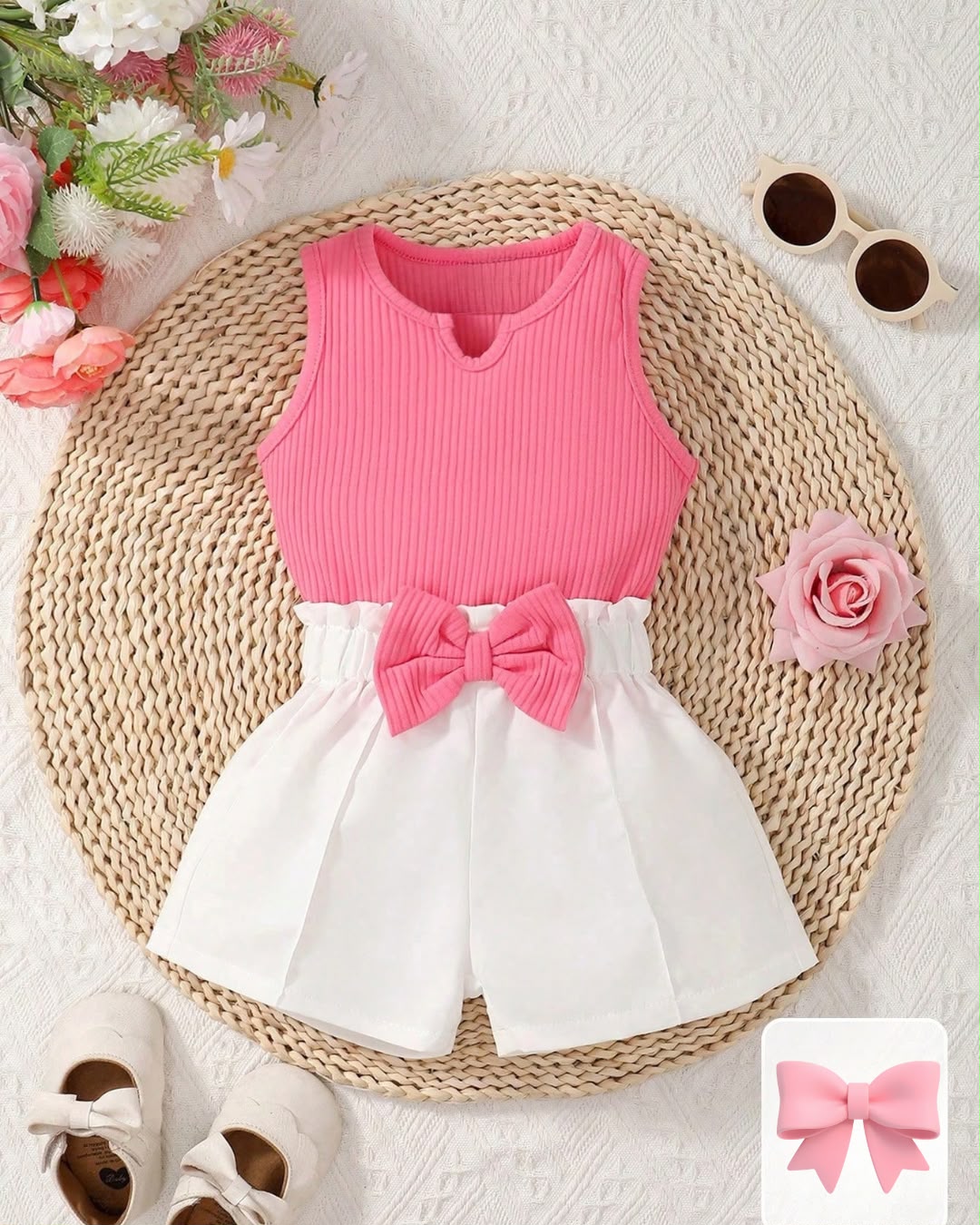 Baby Girls Notched Neck Tank Top & Waist Bow Front Shorts Set | 3M - 3Y