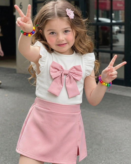 Baby Girls Sweet Bow Decor Cap Sleeve Top & Pink Split Skirt Set | 6M - 3Y