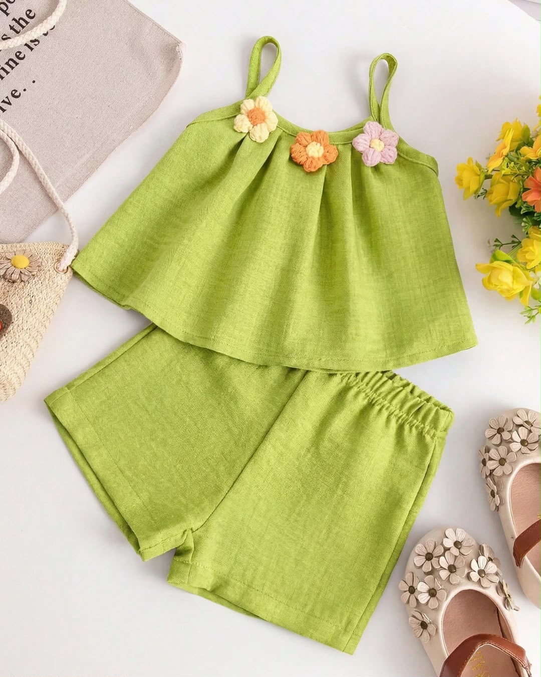 Baby Girls Cute Flowers Embroidered Camisole Top & Shorts Set | 3M - 3Y