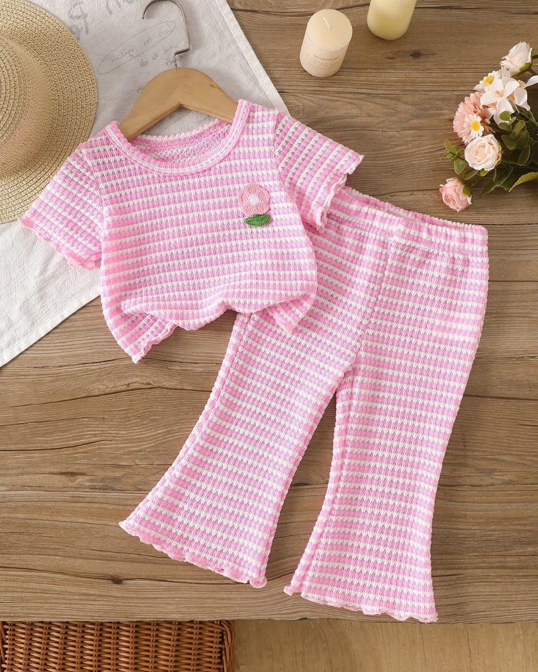 Baby Girls Pink Knit Striped Short Sleeve Top & Flare Pants Set | 3M - 3Y