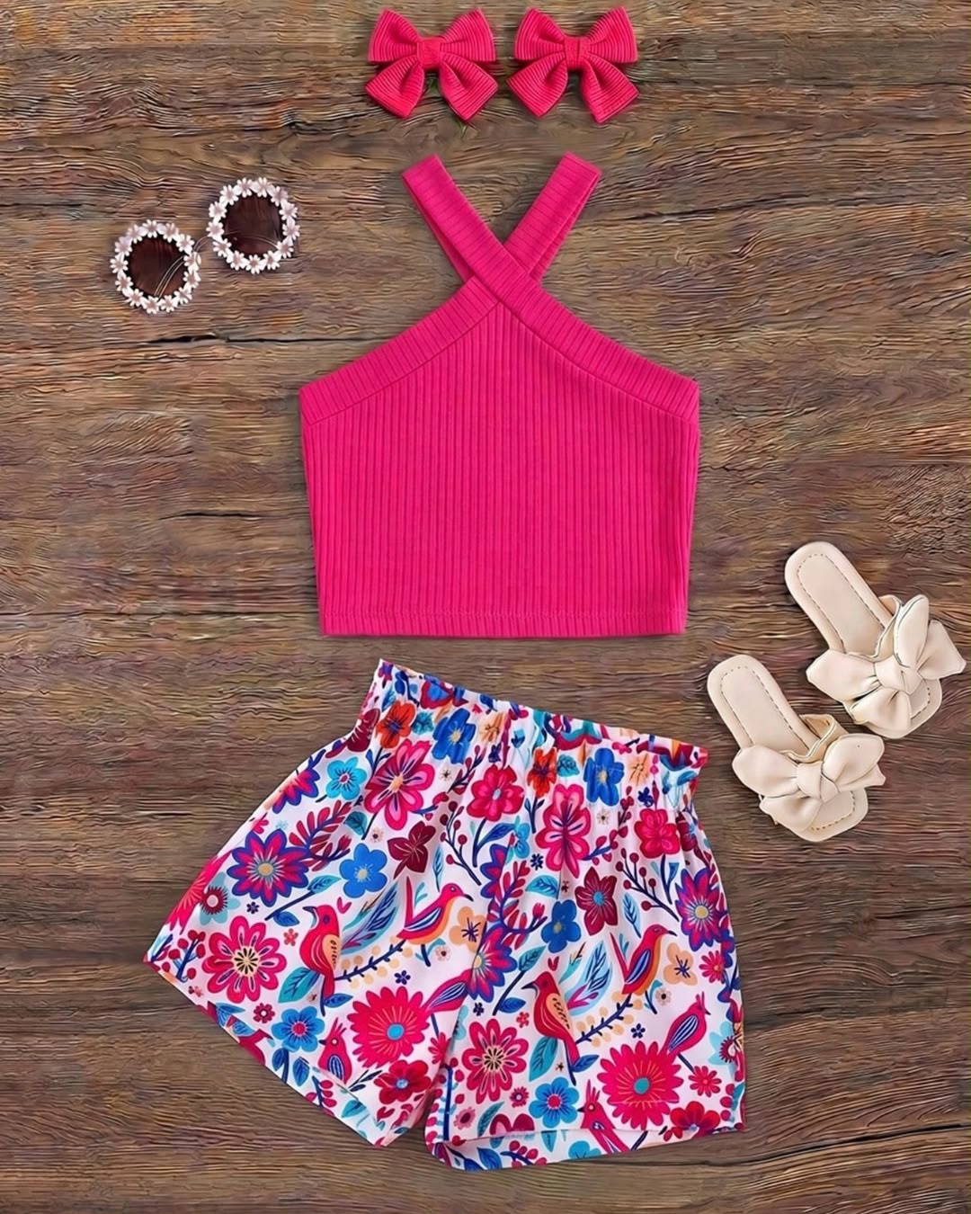 Baby Girls Hot Pink Knitted Halter Top & Floral Printed Shorts Set | 3M - 24M