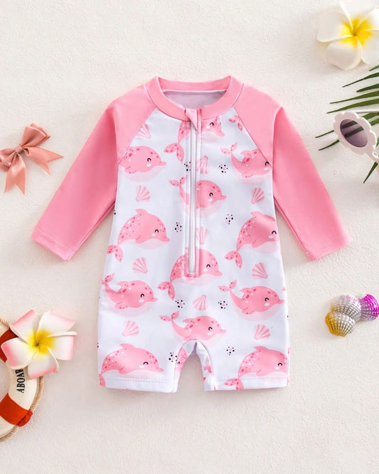 Baby Girls Cartoon Dolphin Patterned Long Sleeve Swimsuit | 0M - 12M