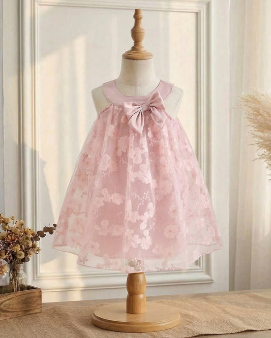 Baby Girls Bow Decor Mesh Neck Tie Princess Dress | 6M - 3Y