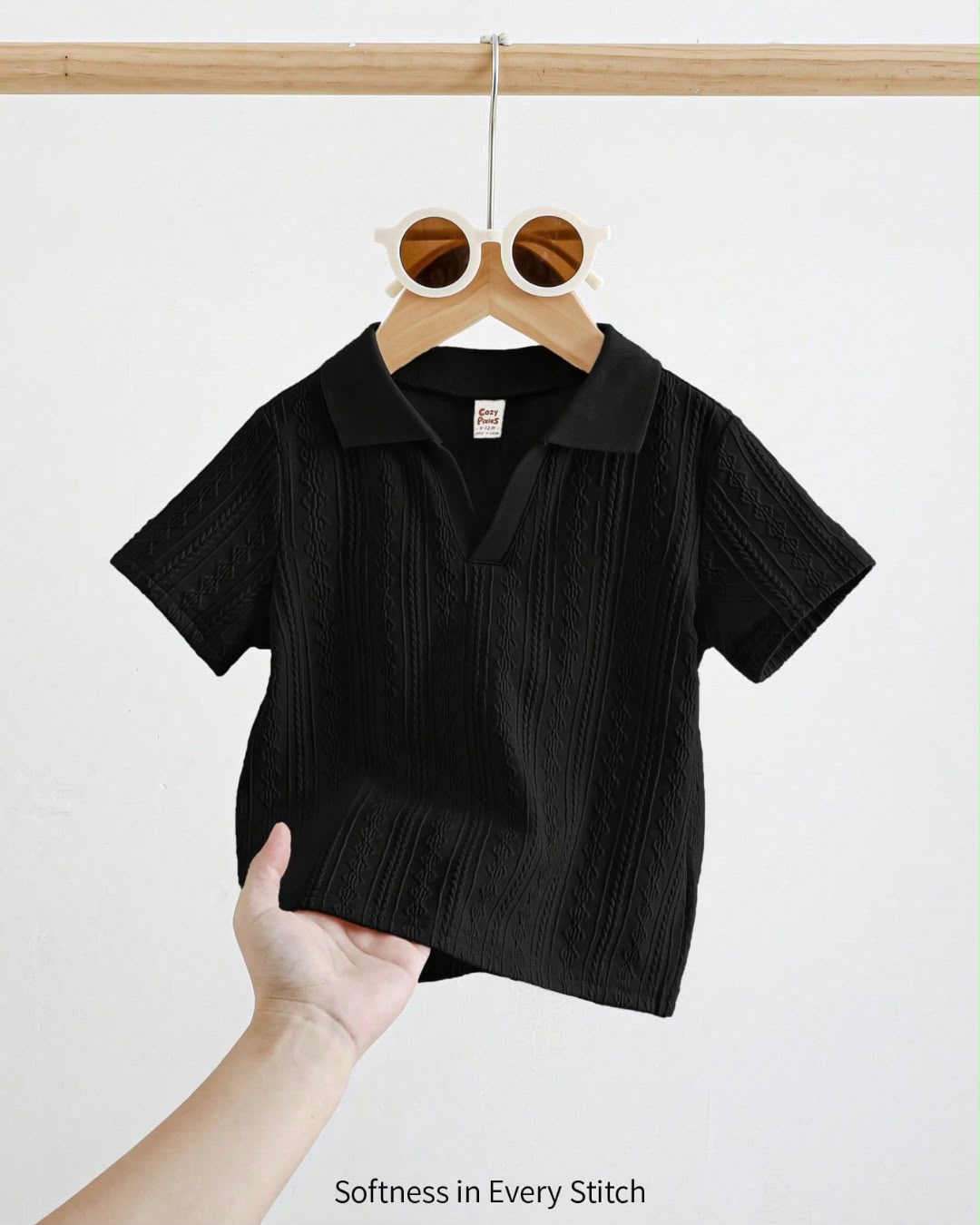 Baby Boys Black Ribbed Knit Short Sleeve Polo Shirt | 3M - 3Y