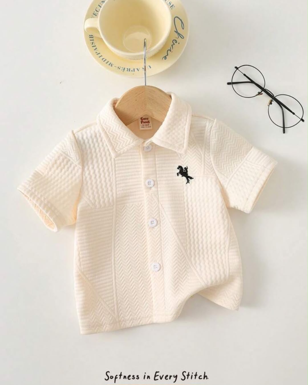 Baby Boys Textured Jacquard Solid Color Soft Knit Short Sleeve Shirt | 6M - 3Y