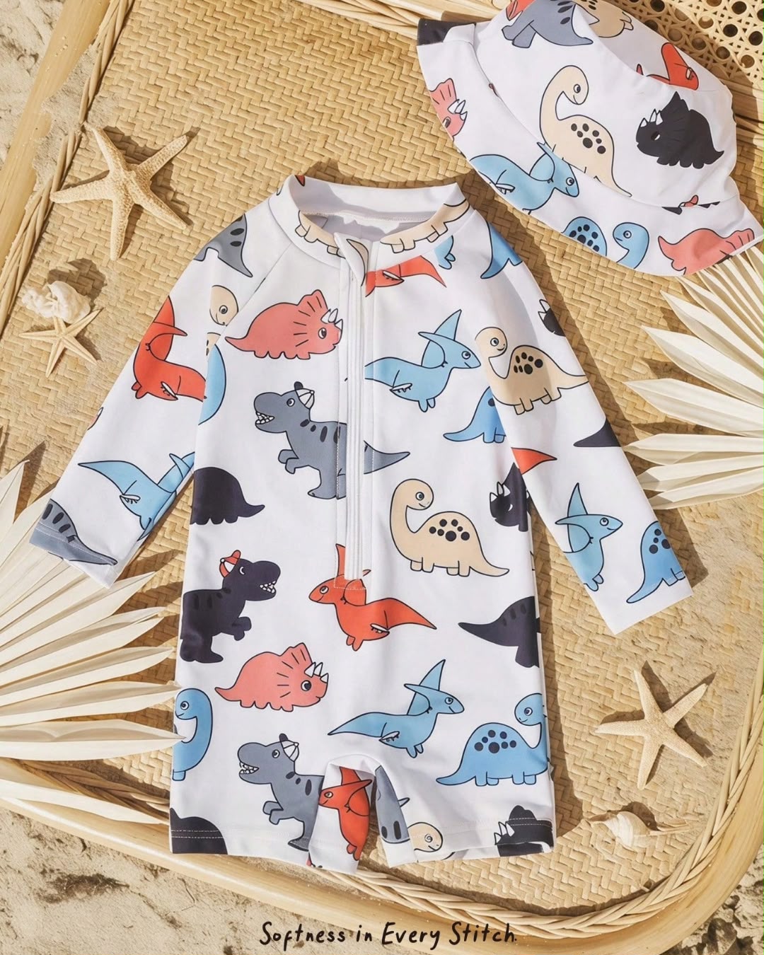 Newborn Cartoon Dinosaurs Printed Long Sleeve Swimsuit With Hat | 0-1M