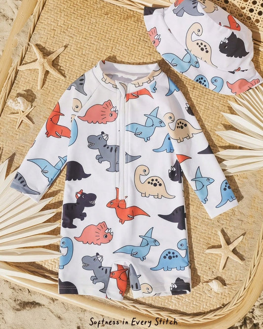 Newborn Cartoon Dinosaurs Printed Long Sleeve Swimsuit With Hat | 0-1M