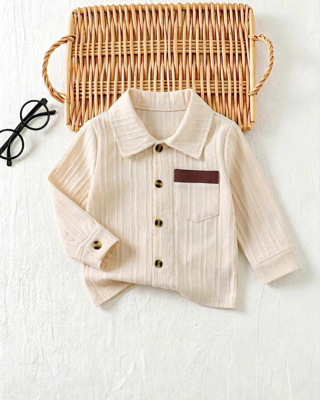 Baby Boys Beige Color Ribbed Textured Long Sleeve Button Down Shirt | 3M - 3Y