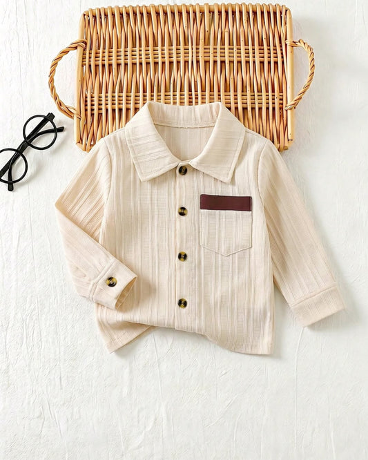 Baby Boys Beige Color Ribbed Textured Long Sleeve Button Down Shirt | 3M - 3Y