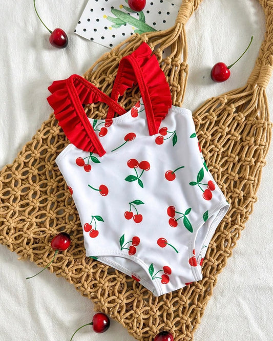 Newborn Cherry Patterned Ruffle Shoulder Strap One-Piece Swimsuit | 0M - 6M