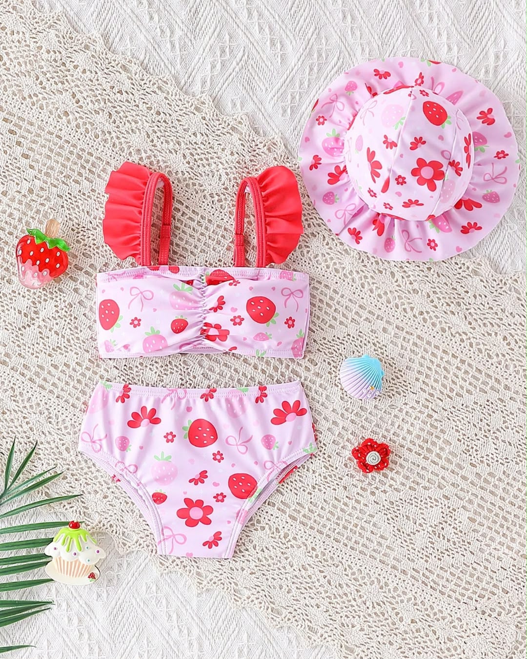 Newborn Strawberries & Floral Printed 2-piece Swimsuit with Hat Set | 0M - 3M