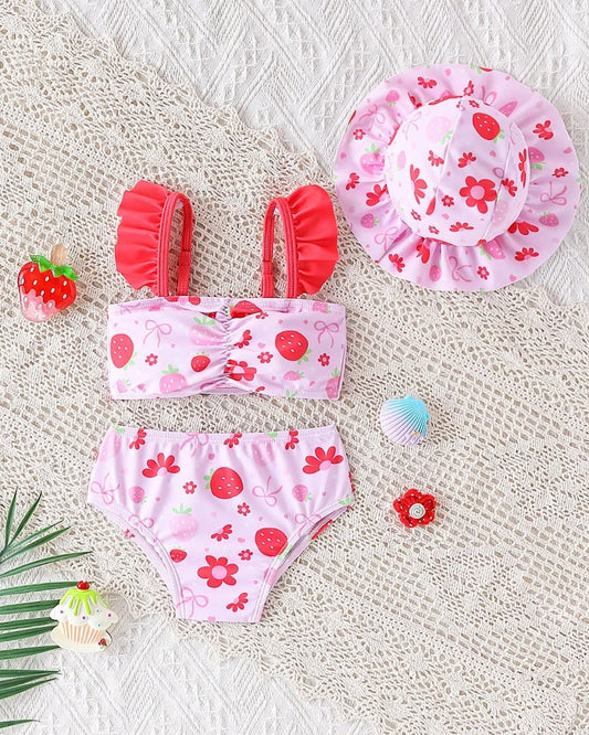 Newborn Strawberries & Floral Printed 2-piece Swimsuit with Hat Set | 0M - 3M