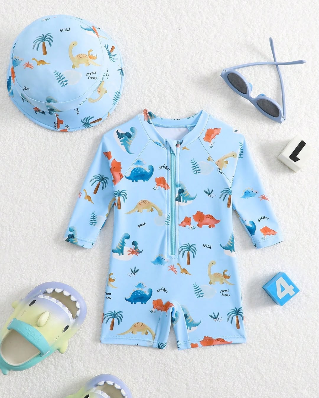 Newborn Light Blue Cartoon Dinosaurs Printed Long Sleeve One-piece Swimsuit with Hat Set | 0-1M