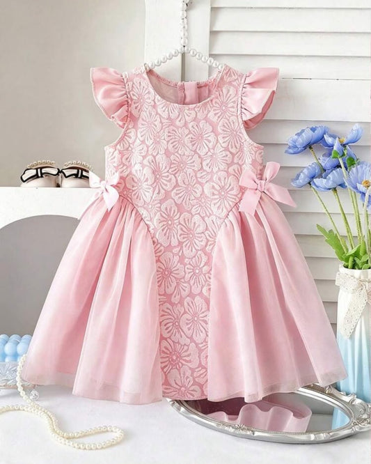 Baby Girls Pink Floral Jacquard Waist Bows Flutter Sleeves Mesh Dress | 6M - 3Y