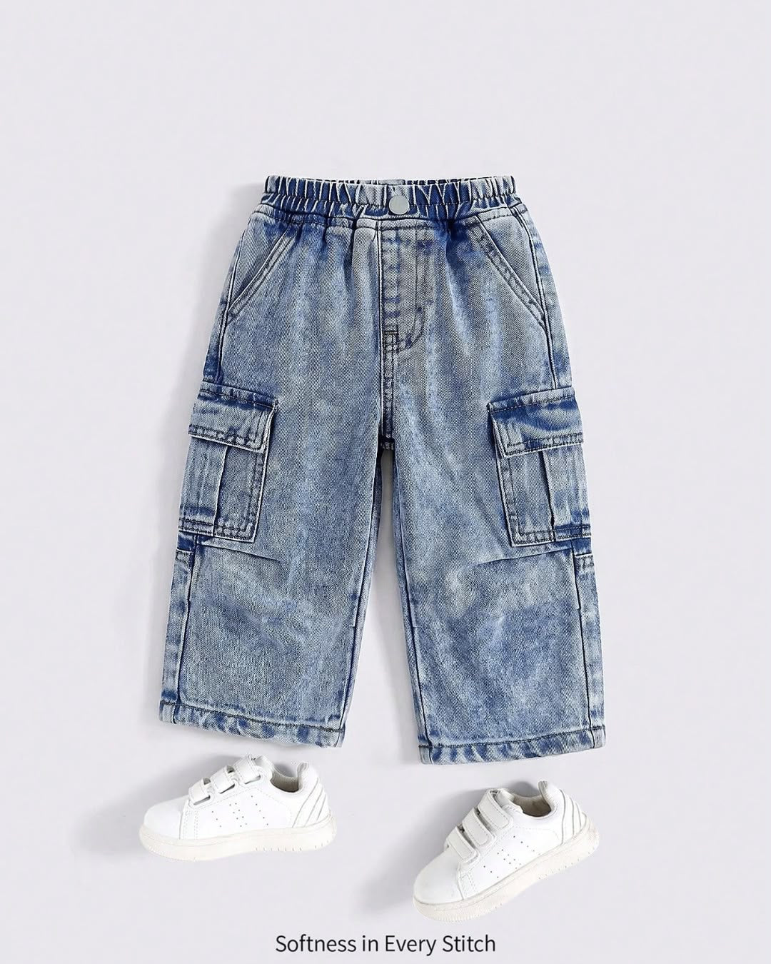Baby Boys Flap Pocket Side Light Washed Cargo Denim | 6M - 3Y