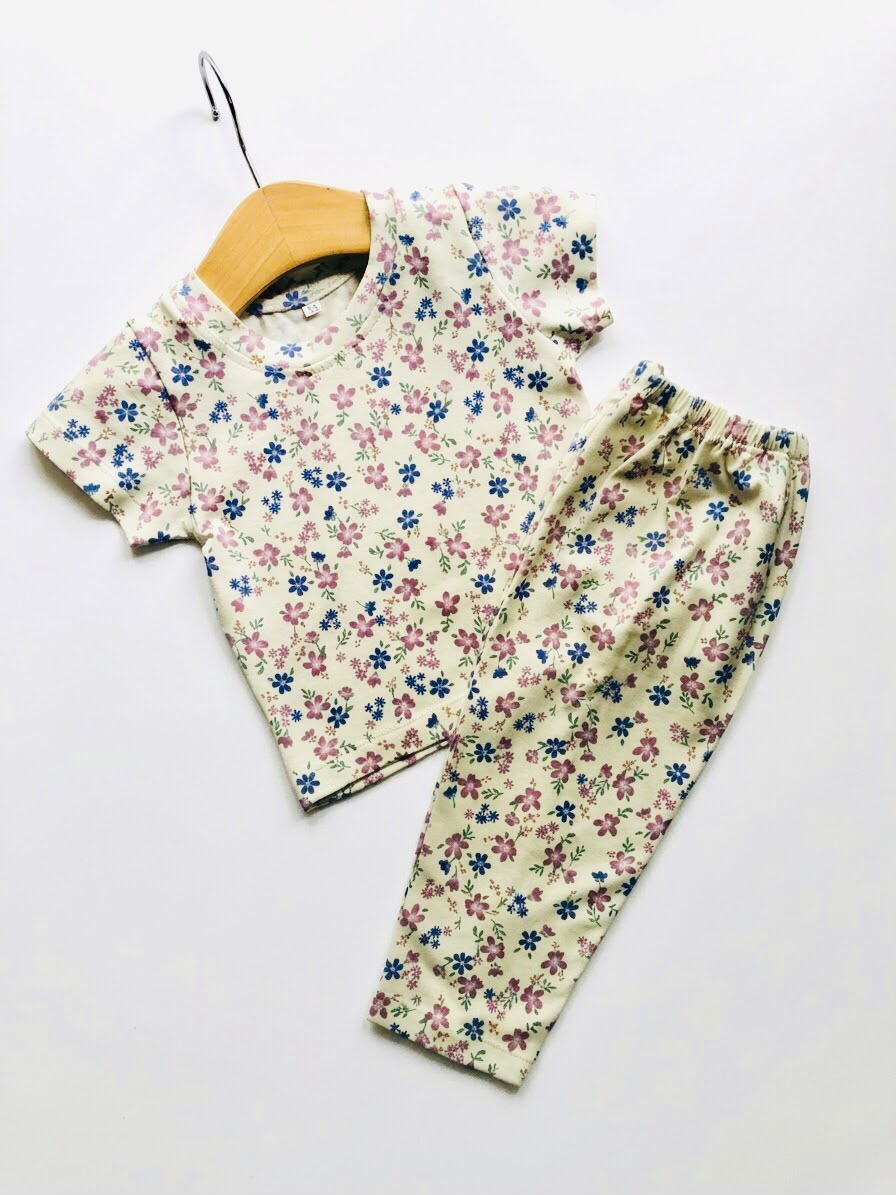 TCB Purple & Blue Floral Printed Off White Short Sleeve PJ Set