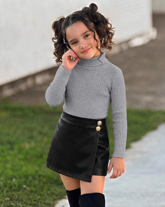 Young Girls Long Sleeve Knit High Neck Top & Black PU Leather Button Skort | 4Y - 7Y