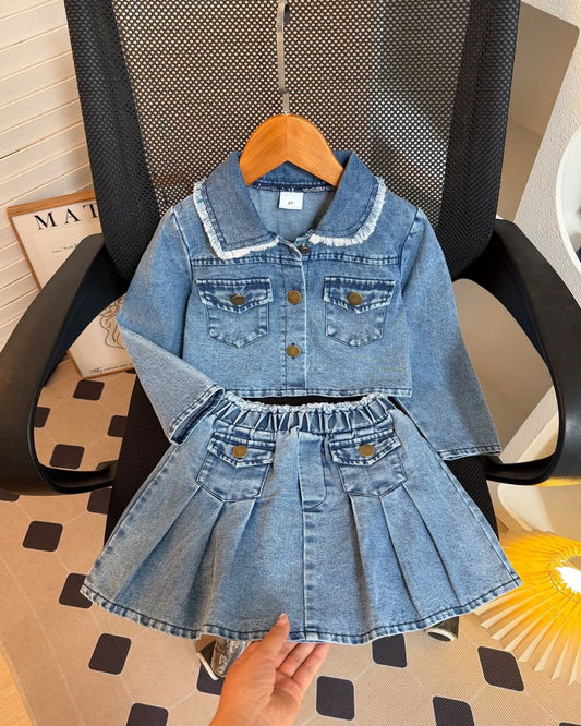 Young Girls Light Washed Denim Top & Pleated Skirt Set | 4Y - 8Y