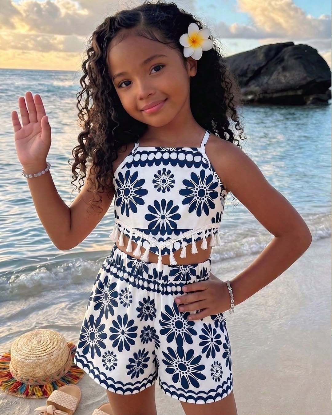 Young Girls Blue & White Retro Floral Printed Top & Shorts Set | 4Y - 8Y