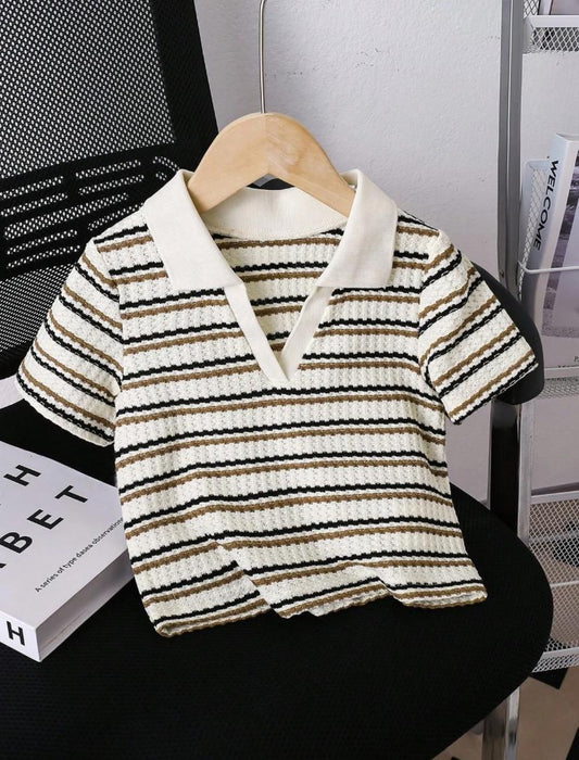 Young Boys Casual Ribbed Knit Striped Polo Short Sleeve Top | 4Y-7Y