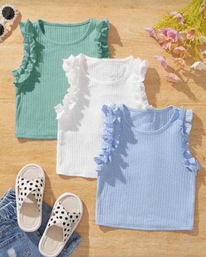 Young Girls Knit Ruffle Trim Sleeveless Casual Tops | 4Y - 7Y