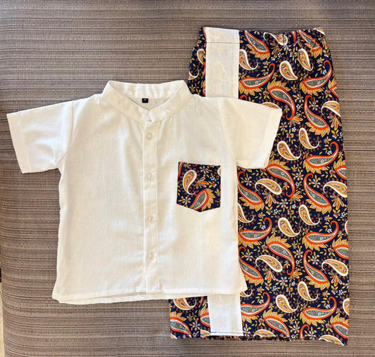 New Year Leaf Floral Blue, Yellow, and Dark Blue Shirt & Sarong Set