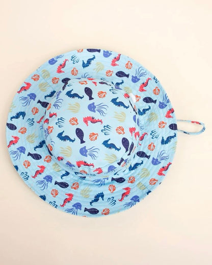 Blue printed wide brim bucket hat