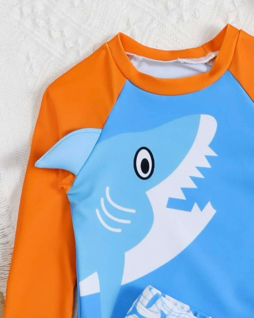 Baby boy shark print swimsuit with swim cap