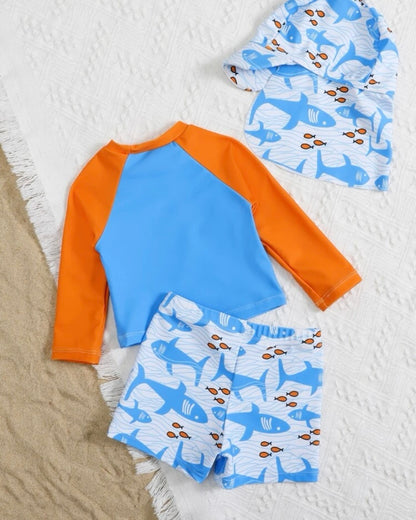 Baby boy shark print swimsuit with swim cap