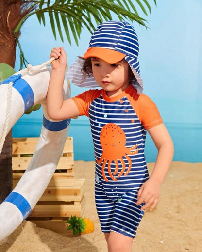 Toddler boy octopus one piece with swim hat