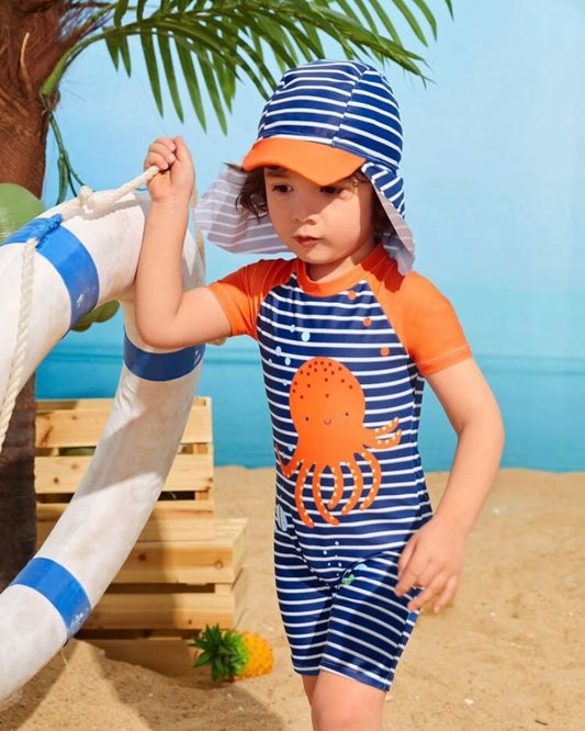 Toddler boy octopus one piece with swim hat