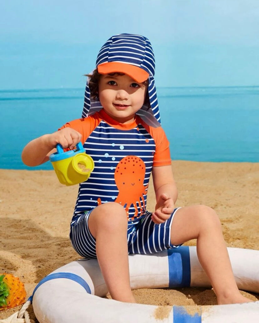 Toddler boy octopus one piece with swim hat